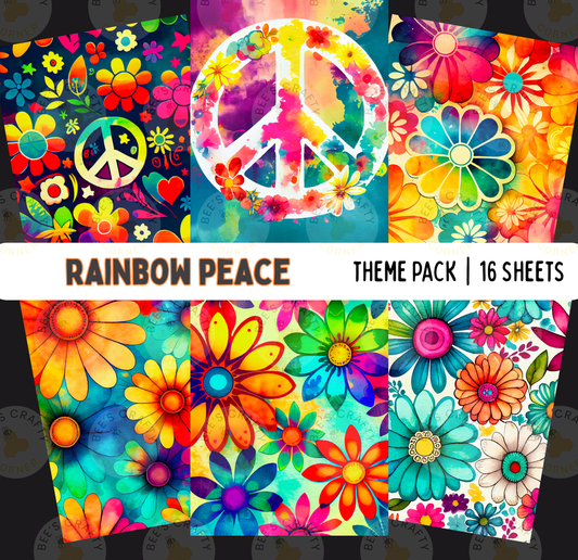 The image is a theme pack containing 16 colorful and vibrant flower-themed backgrounds, including a peace sign, flowers, and abstract patterns.