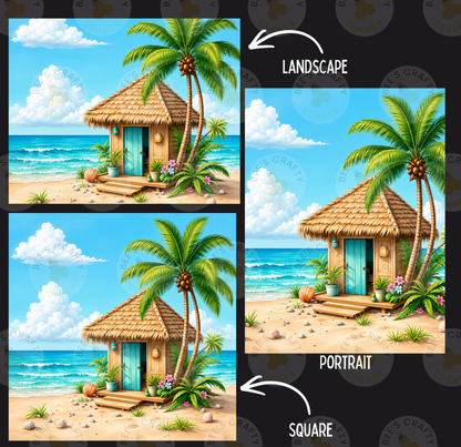 The image is a collage of three pictures depicting a tropical beach scene with a thatched-roof hut, palm trees, and a blue sky with clouds. The collage includes a landscape and a portrait of the beach scene, with the landscape showing a larger area and the portrait showing a smaller area.