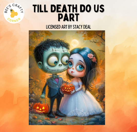 The image is a painting depicting a bride and a zombie-like character, likely a skeleton, standing together in a Halloween-themed setting.