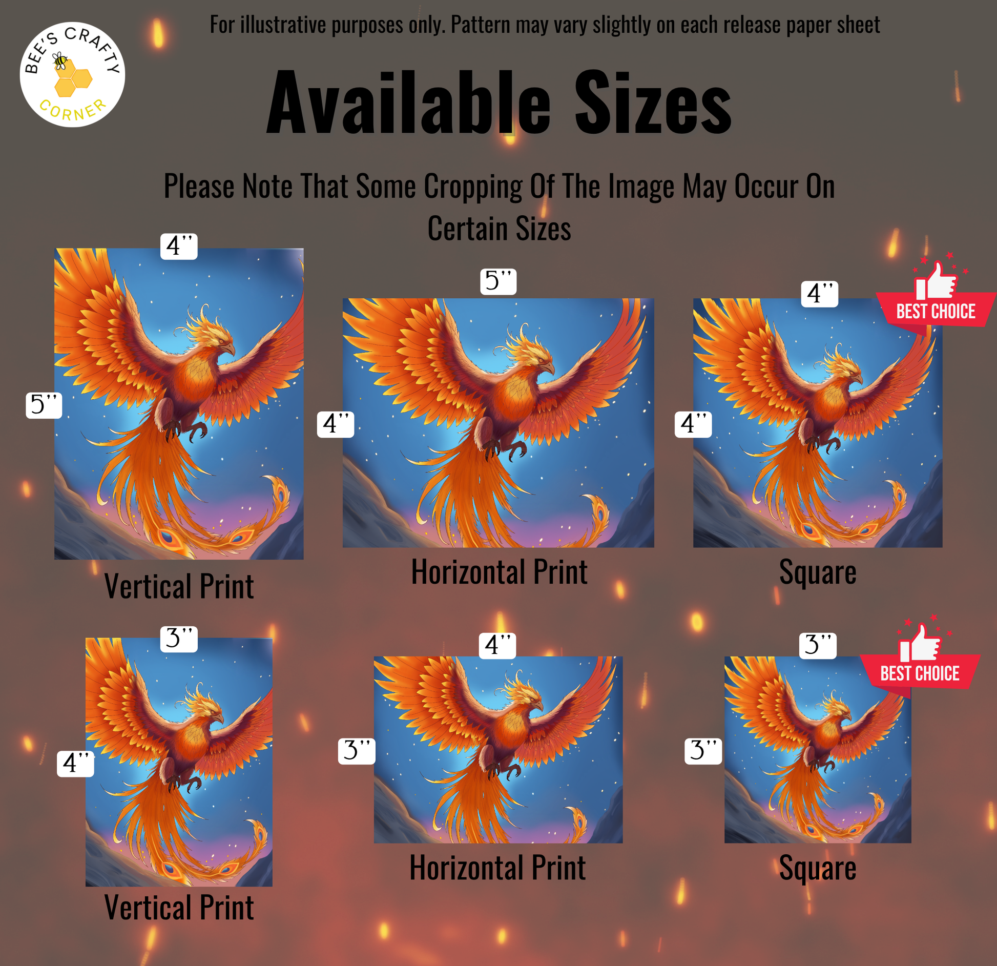 The image is a collage of six different sizes of the same image of a bird, specifically a phoenix, in various poses and settings.
