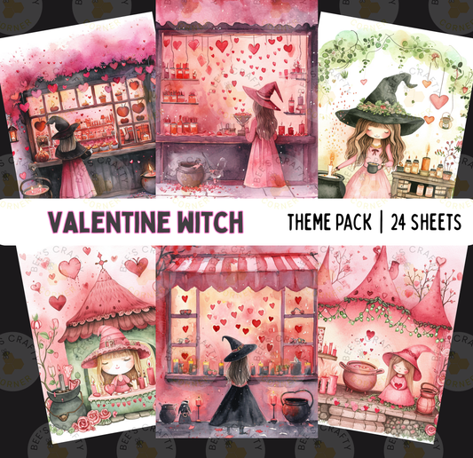 The image is a theme pack of 24 Valentine-themed illustrations, featuring whimsical and romantic scenes with women dressed as witches and hearts.