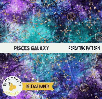 The image is a collage of various celestial elements, including stars, planets, and a galaxy, all set against a vibrant purple and blue background. The text "PISCES GALAXY" is prominently displayed, and the phrase "REPEATING PATTERN" is also visible, suggesting a repeating pattern or design within the image.