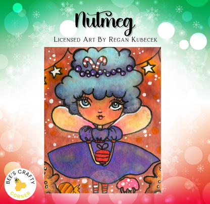 The image is a colorful illustration featuring a whimsical character with a blue hair and a purple dress, surrounded by various holiday-themed elements such as snowflakes, stars, and gingerbread cookies.
