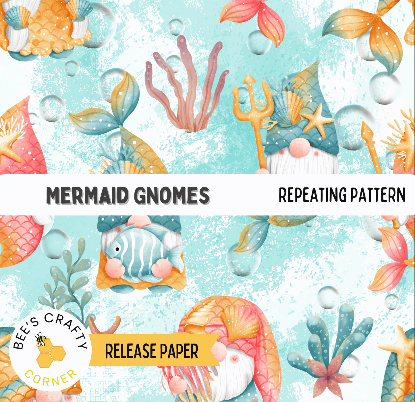 The image is a repeating pattern featuring various marine life and underwater elements, including mermaid gnomes, fish, bubbles, and seaweed.