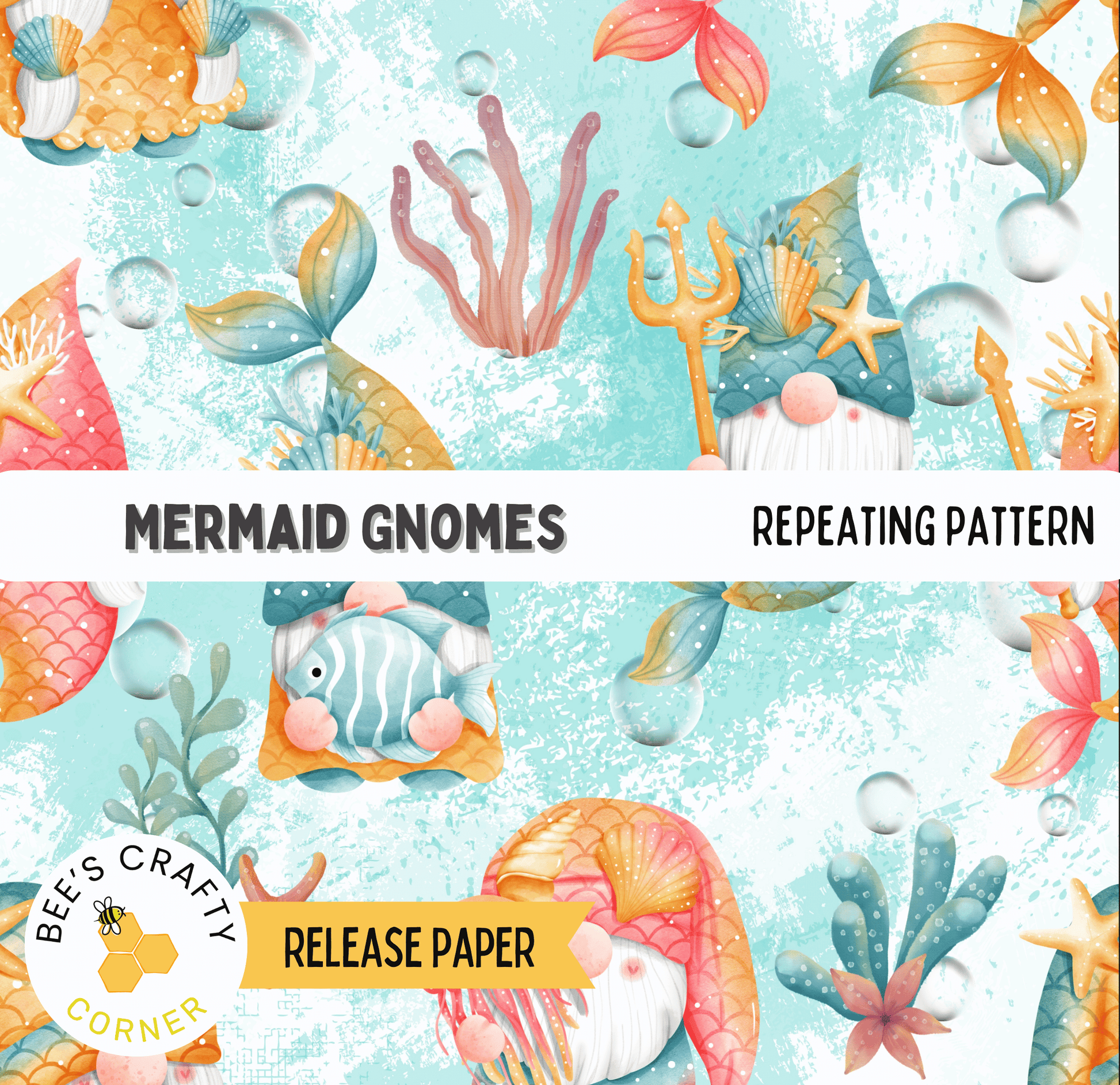 The image is a repeating pattern featuring various marine life and underwater elements, including mermaid gnomes, fish, bubbles, and seaweed.