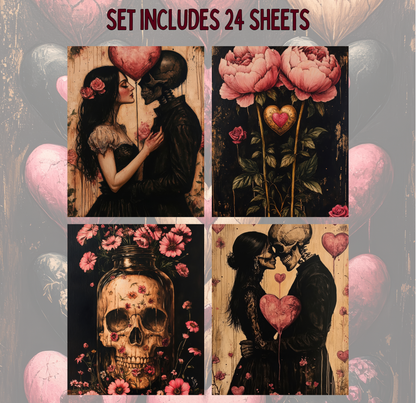 The image is a collage of four distinct artworks, each featuring a different theme and style. The artworks include a couple embracing, a skull with flowers, a skeleton with a heart, and a skeleton with a heart. The artworks are set against a background of pink flowers and balloons, creating a visually striking and artistic composition.
