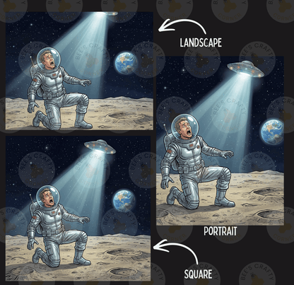 The image is a collage of three images depicting a man in a spacesuit on the moon, with a large spaceship hovering above him. The man appears to be in a state of surprise or fear as the spaceship approaches. The images are labeled "LANDscape", "Portrait", and " SQUARE", indicating the different perspectives captured in the collage.