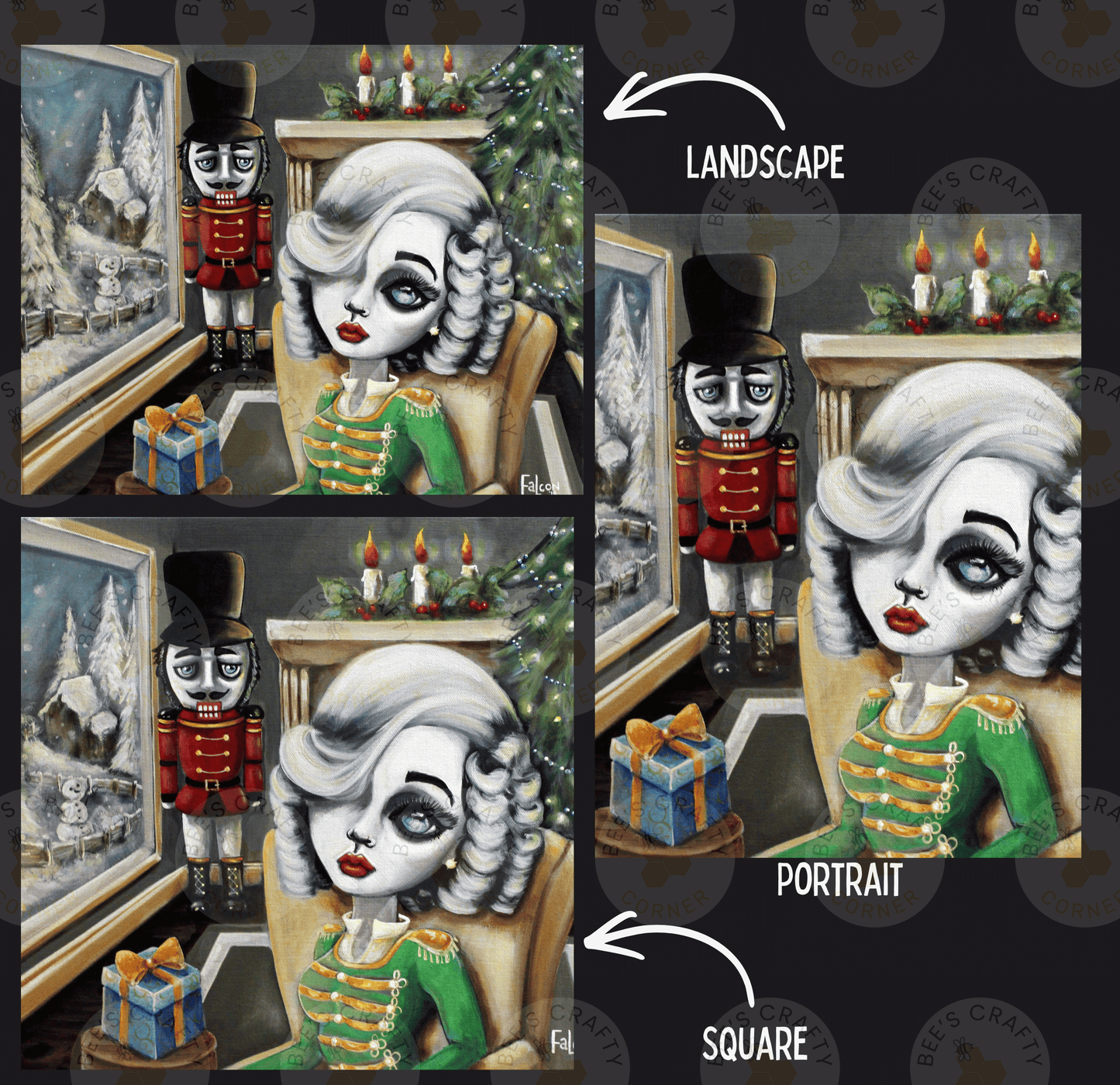 The image is a collage of four images depicting a nutcracker and a woman. The first image shows the nutcracker standing in the background, the second image shows the woman sitting in a chair, the third image shows the woman sitting in a chair with a gift, and the fourth image shows the woman sitting in a chair with a gift.
