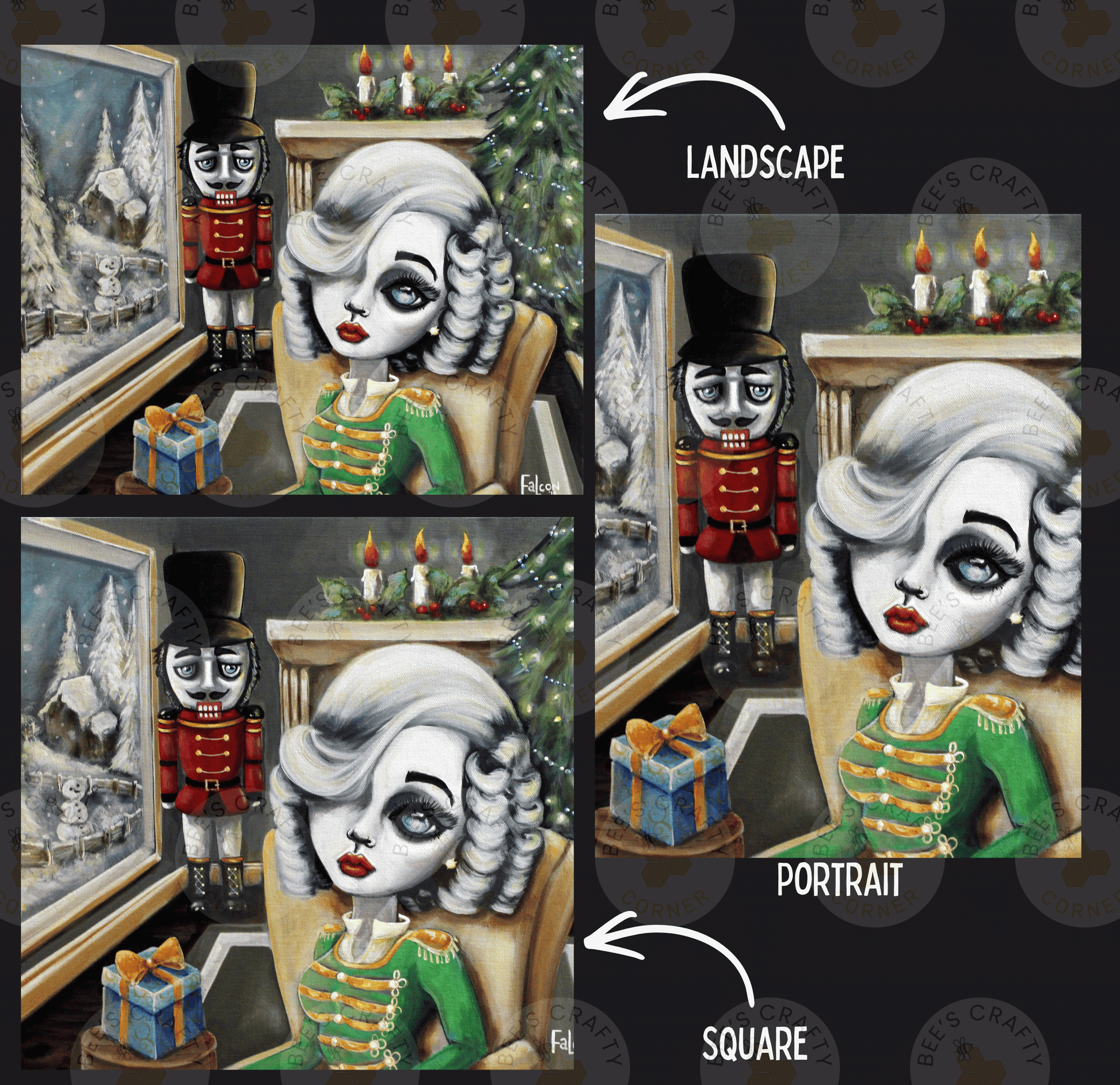 The image is a collage of four images depicting a nutcracker and a woman. The first image shows the nutcracker standing in the background, the second image shows the woman sitting in a chair, the third image shows the woman sitting in a chair with a gift, and the fourth image shows the woman sitting in a chair with a gift.