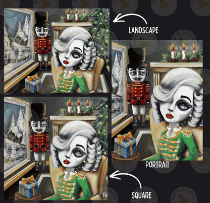 The image is a collage of four images depicting a nutcracker and a woman. The first image shows the nutcracker standing in the background, the second image shows the woman sitting in a chair, the third image shows the woman sitting in a chair with a gift, and the fourth image shows the woman sitting in a chair with a gift.