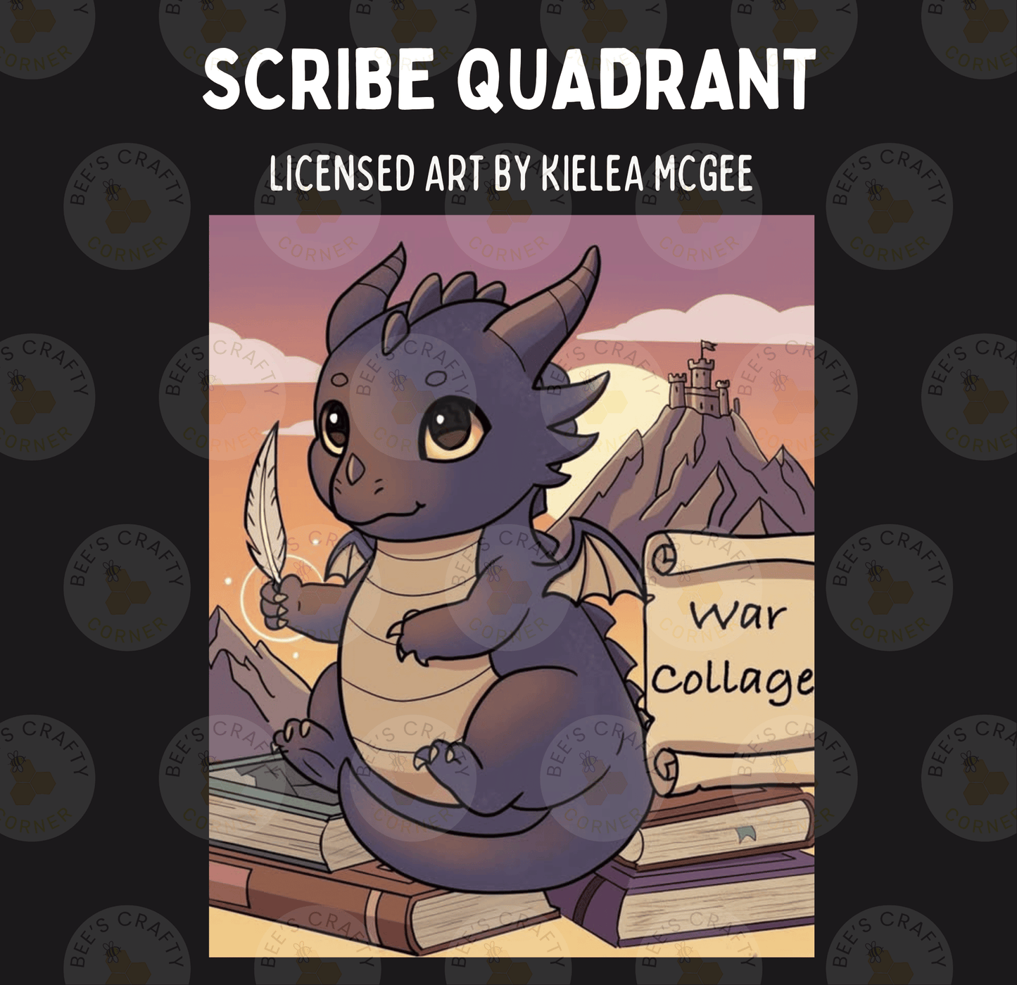 A cartoon dragon holding a feather and sitting on a stack of books, with a castle in the background.