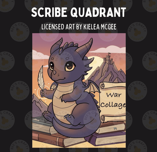 A cartoon dragon holding a feather and sitting on a stack of books, with a castle in the background.