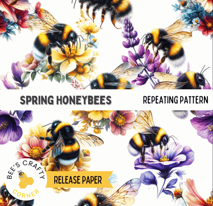 The image is a collage of various illustrations of bees surrounded by colorful flowers.