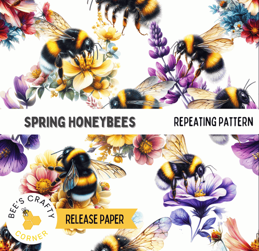 The image is a collage of various illustrations of bees surrounded by colorful flowers.