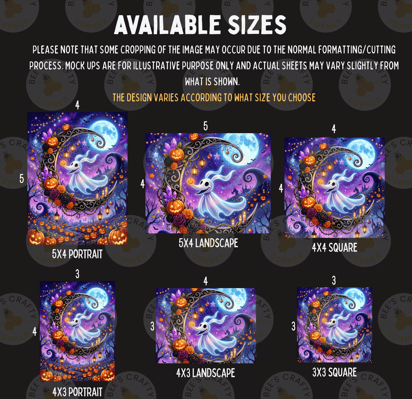 various sizes of Halloween-themed artwork, including a ghost, a crescent moon, pumpkins, and other spooky elements. The available sizes are 5x4, 5x5, 5x6, 5x7, 5x8, and 5x9. The artwork is designed to fit different sizes of frames, and the actual size may vary slightly from the provided sizes.