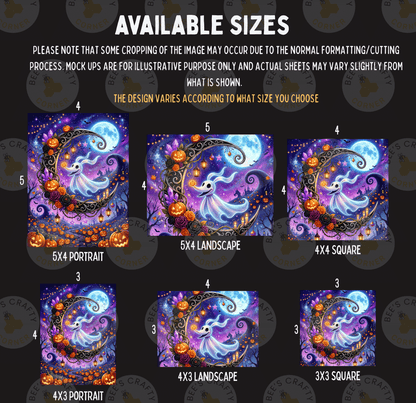 various sizes of Halloween-themed artwork, including a ghost, a crescent moon, pumpkins, and other spooky elements. The available sizes are 5x4, 5x5, 5x6, 5x7, 5x8, and 5x9. The artwork is designed to fit different sizes of frames, and the actual size may vary slightly from the provided sizes.