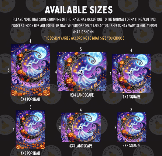 various sizes of Halloween-themed artwork, including a ghost, a crescent moon, pumpkins, and other spooky elements. The available sizes are 5x4, 5x5, 5x6, 5x7, 5x8, and 5x9. The artwork is designed to fit different sizes of frames, and the actual size may vary slightly from the provided sizes.