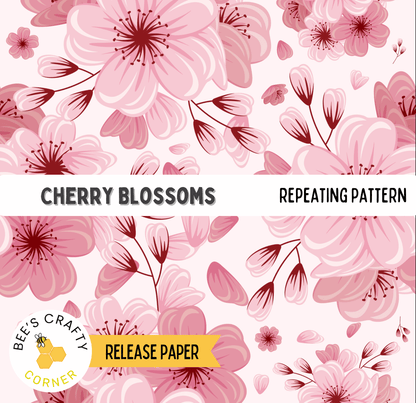 The image is a repeating pattern of pink cherry blossoms against a light pink background.