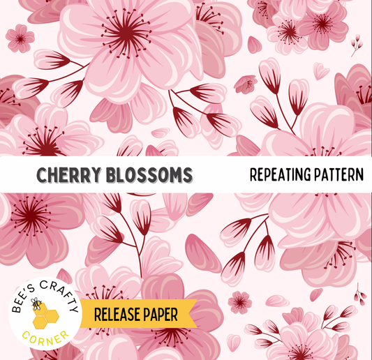 The image is a repeating pattern of pink cherry blossoms against a light pink background.