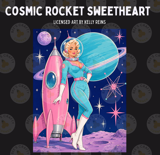 The image is a collage featuring a woman in a blue and pink space suit standing next to a pink rocket ship, with planets and stars in the background.