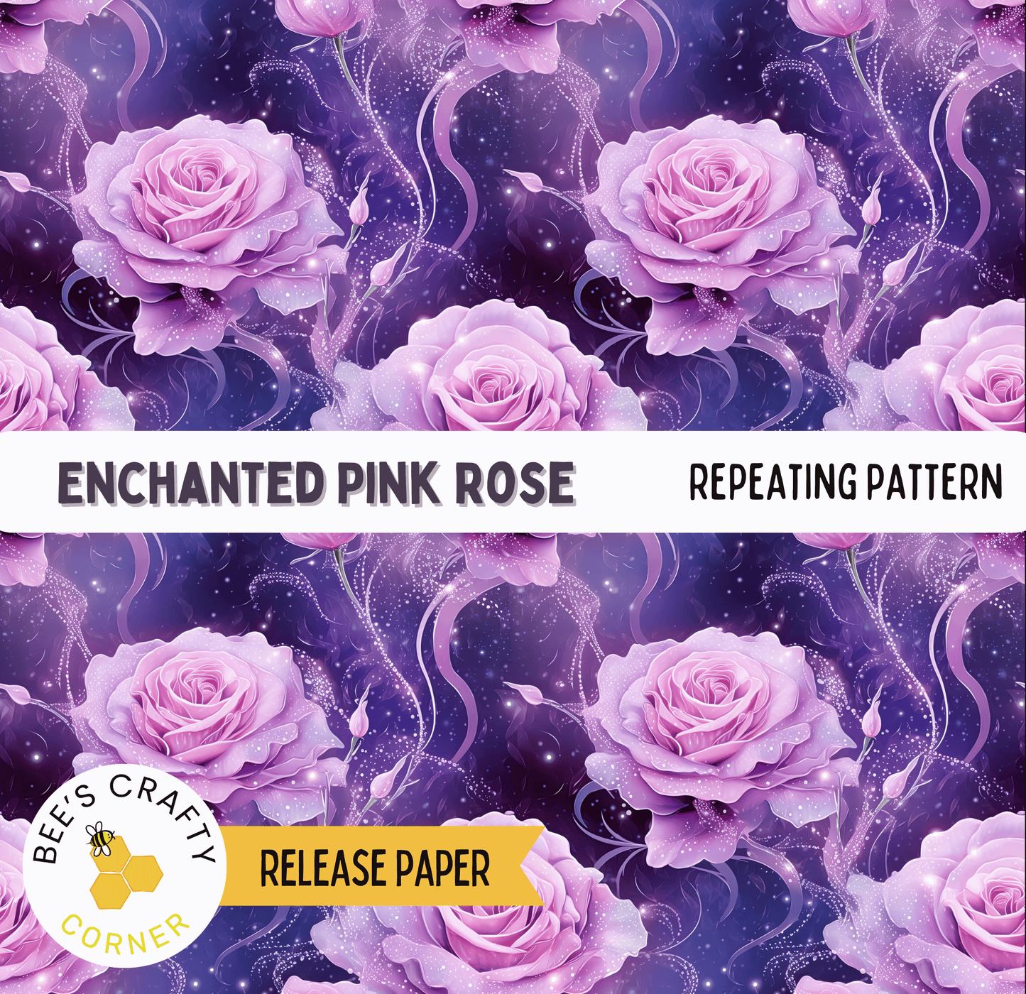 The image is a repeating pattern of pink roses against a purple background with a starry night sky effect.
