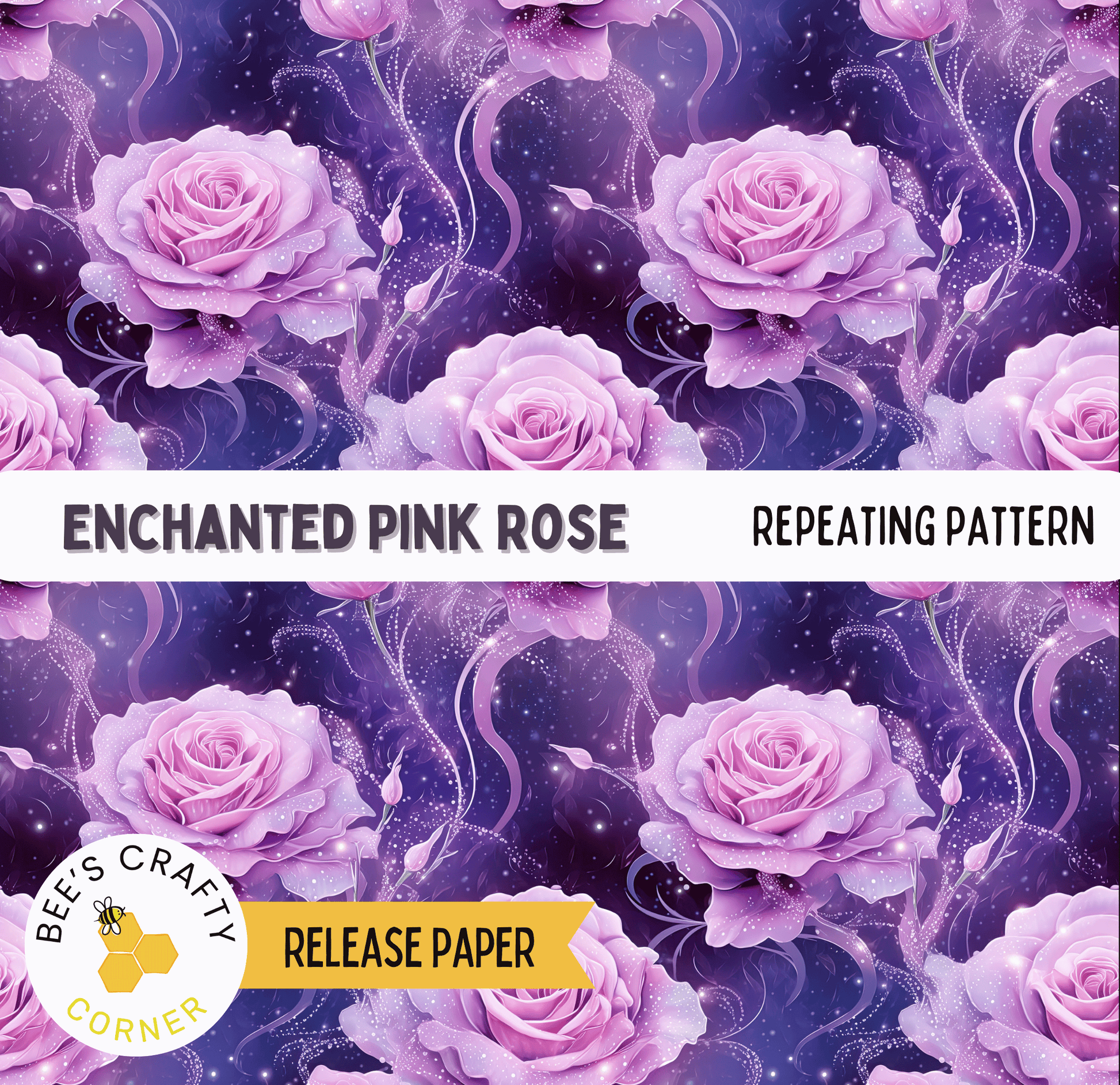 The image is a repeating pattern of pink roses against a purple background with a starry night sky effect.