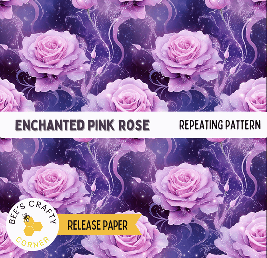The image is a repeating pattern of pink roses against a purple background with a starry night sky effect.