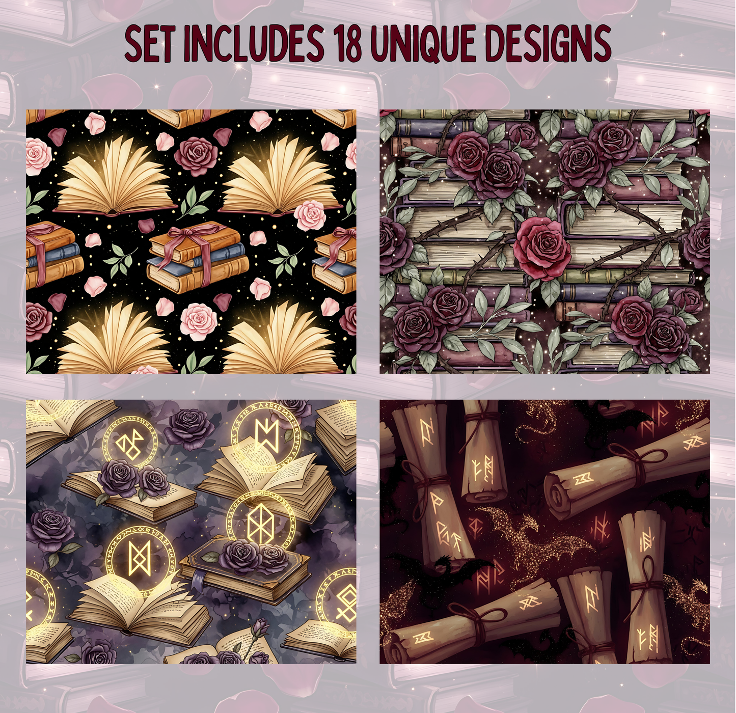 a set of four unique designs, each featuring different patterns and elements. The designs include a pattern of books, flowers, and a dragon, as well as a pattern of rolled parchment and a pattern of golden symbols.