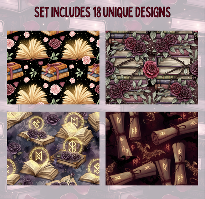 a set of four unique designs, each featuring different patterns and elements. The designs include a pattern of books, flowers, and a dragon, as well as a pattern of rolled parchment and a pattern of golden symbols.