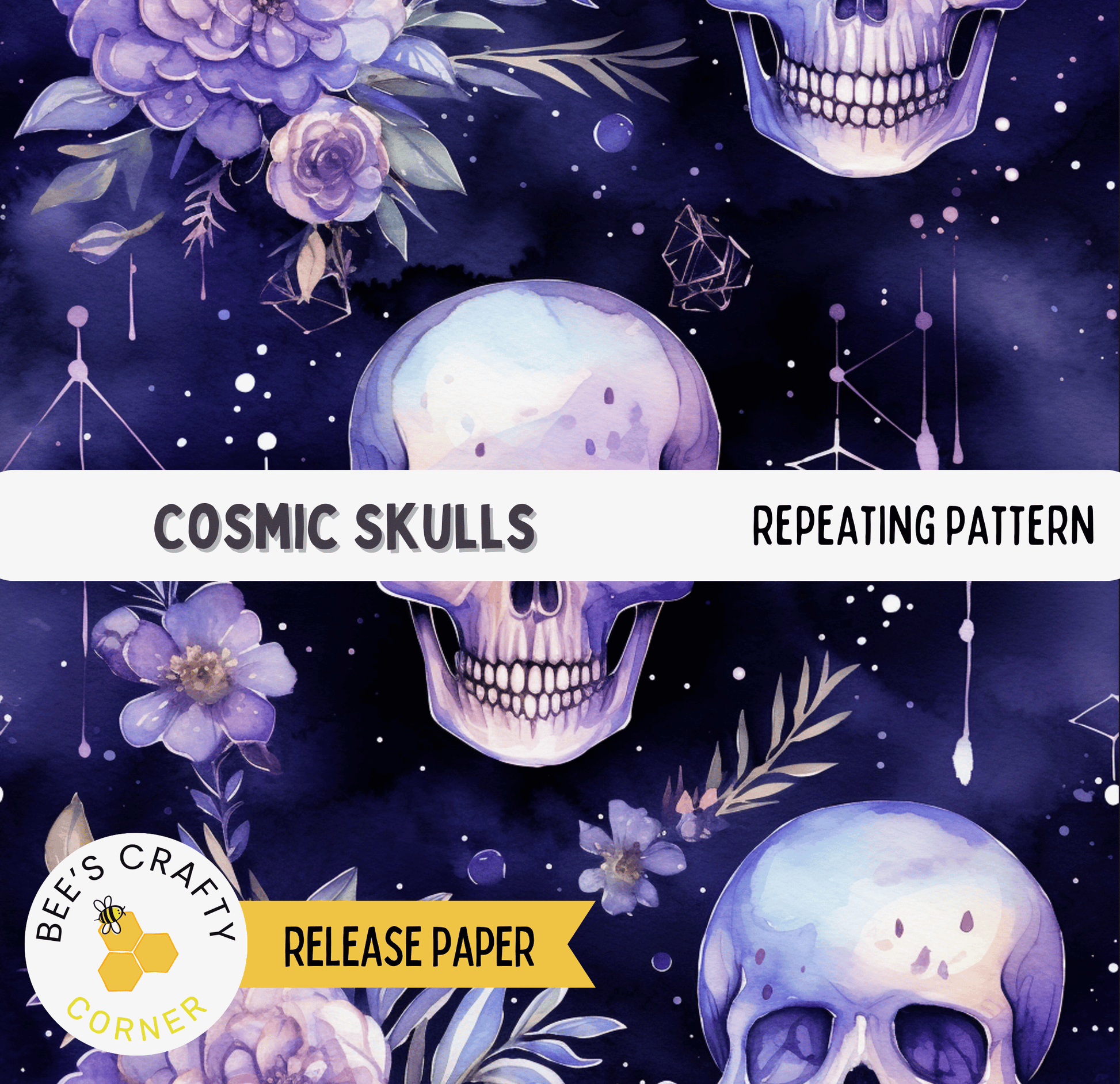 The image is a repeating pattern of cosmic skulls against a dark blue background with purple flowers and stars.