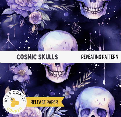 The image is a repeating pattern of cosmic skulls against a dark blue background with purple flowers and stars.