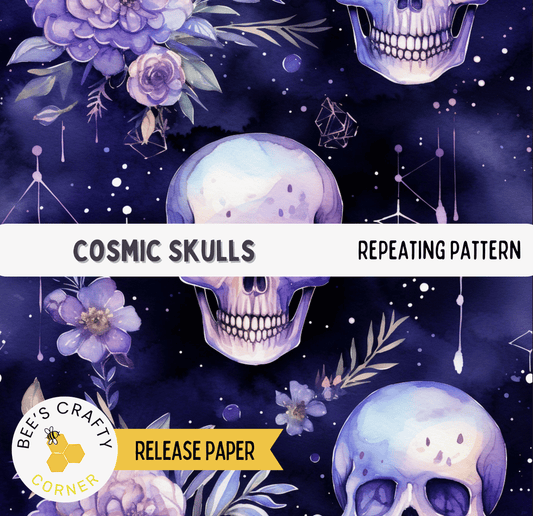 The image is a repeating pattern of cosmic skulls against a dark blue background with purple flowers and stars.