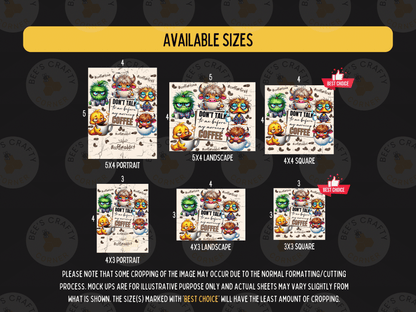 a collection of six different sizes of coffee-themed artwork, including portraits, landscapes, and squares. The sizes range from 5x4 to 5x3, and each artwork has a unique design featuring various coffee-related elements such as coffee cups, mugs, and other coffee-related icons. The image also includes a note about cropping and suggests that the cropping of the image may vary due to the normal formatting process.