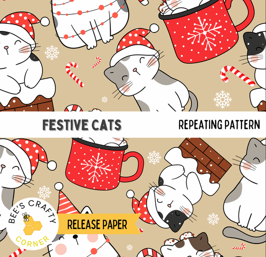 The image is a festive pattern featuring cats wearing Santa hats and surrounded by snowflakes and candy canes.