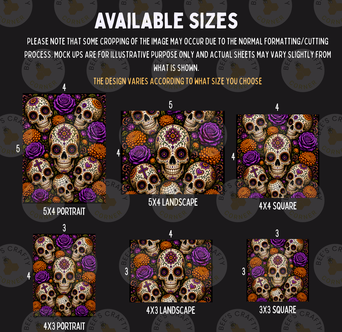 a collection of six different images, each featuring a skull design with various colors and patterns, such as purple, orange, and white. The images are arranged in a grid format, with each row representing a different size, from 5x4 to 5x3. The text above the images provides information about the available sizes and the actual size of the actual sheets.