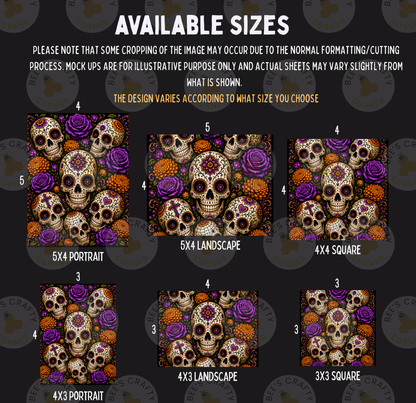 a collection of six different images, each featuring a skull design with various colors and patterns, such as purple, orange, and white. The images are arranged in a grid format, with each row representing a different size, from 5x4 to 5x3. The text above the images provides information about the available sizes and the actual size of the actual sheets.