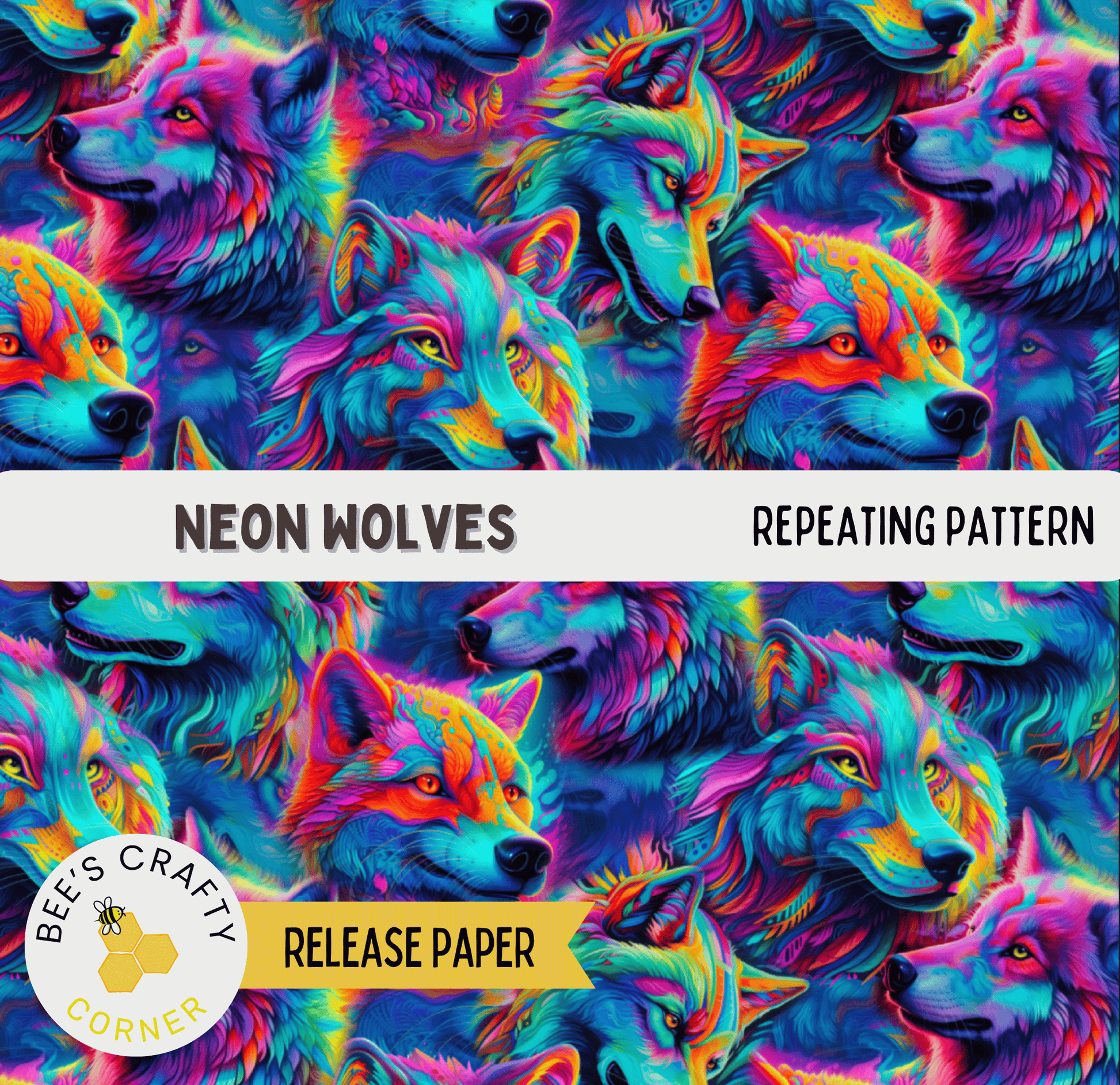 The image is a repeating pattern of neon-colored wolf faces, creating a vibrant and colorful visual effect.