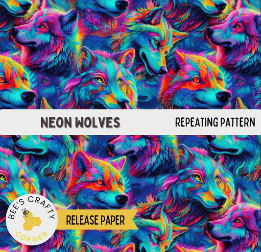 The image is a repeating pattern of neon-colored wolf faces, creating a vibrant and colorful visual effect.