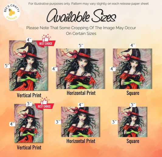 The image is a collage of six images featuring a woman with long, curly hair wearing a witch's hat. The images are available in different sizes, including 4-inch, 5-inch, 4-inch, 4-inch, 4-inch, and 3-inch sizes. The images are labeled as vertical prints, horizontal prints, and square prints.