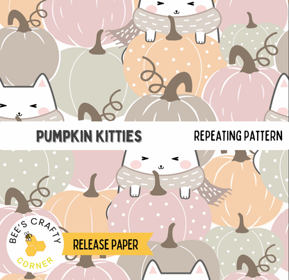 The image is a repeating pattern of pumpkins with cats on them, and it is a release paper for a pumpkin kitty pattern.