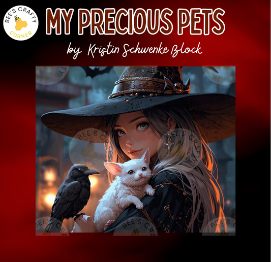 The image is a collage featuring a woman in a witch's hat holding a white cat and a black bird.