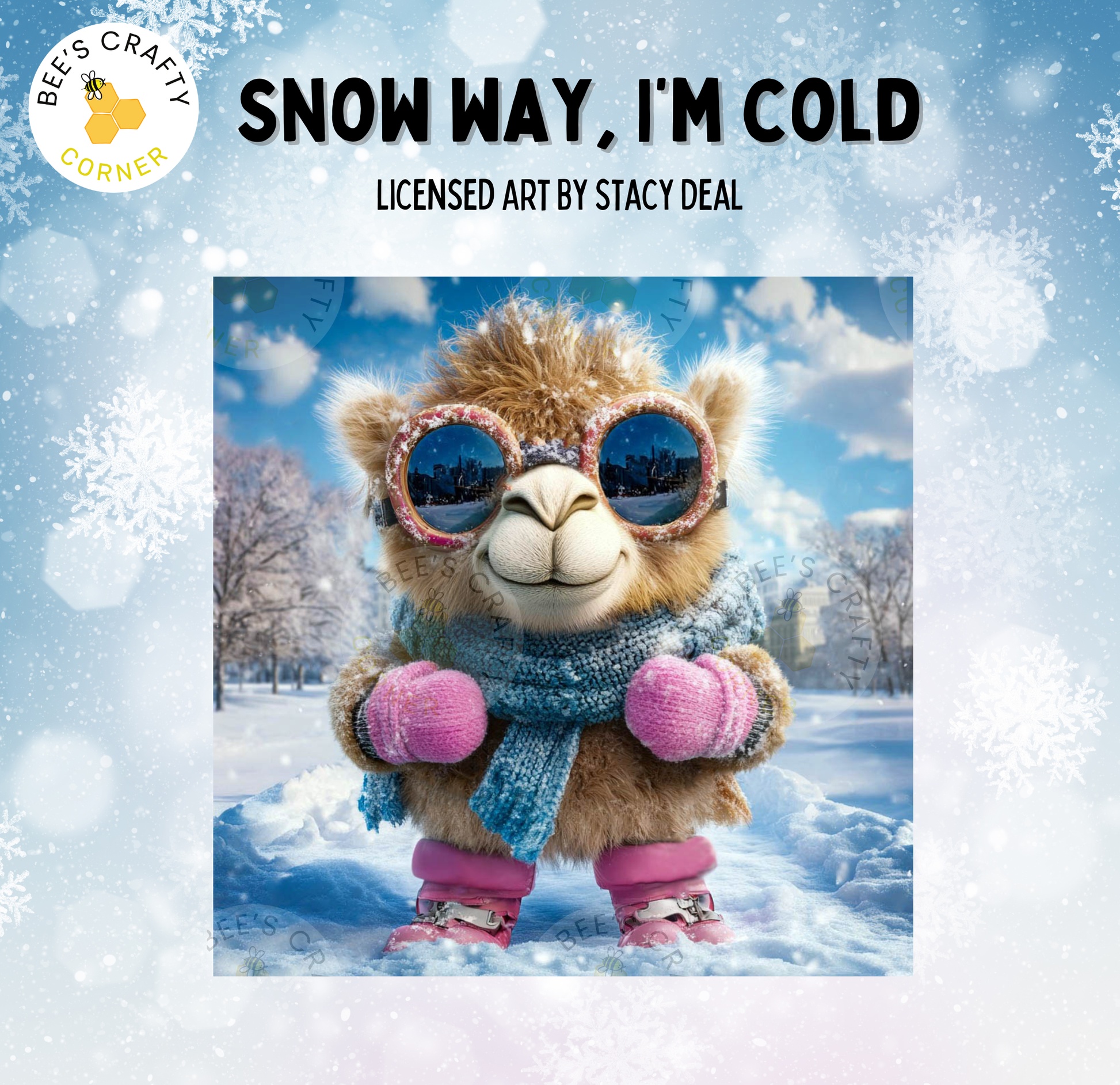 A stuffed camel wearing sunglasses and a scarf, standing in the snow.