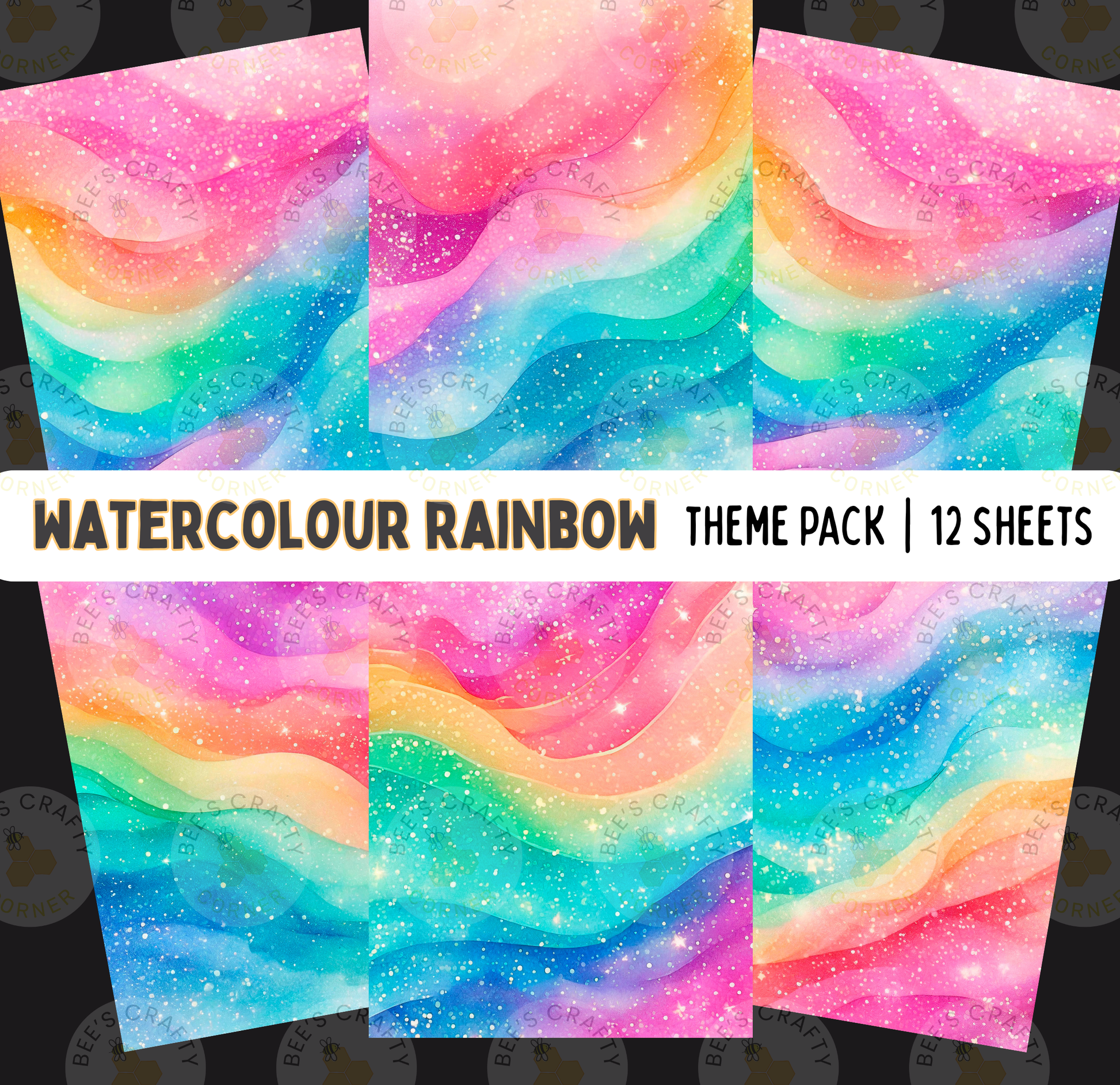 The image is a collage of six watercolor rainbow-themed backgrounds, each with a vibrant and colorful design. The background features a gradient of colors, from pink to blue, green, and yellow, with sparkling elements like stars and glitter. The collage includes a variety of textures and patterns, creating a visually appealing and dynamic composition.