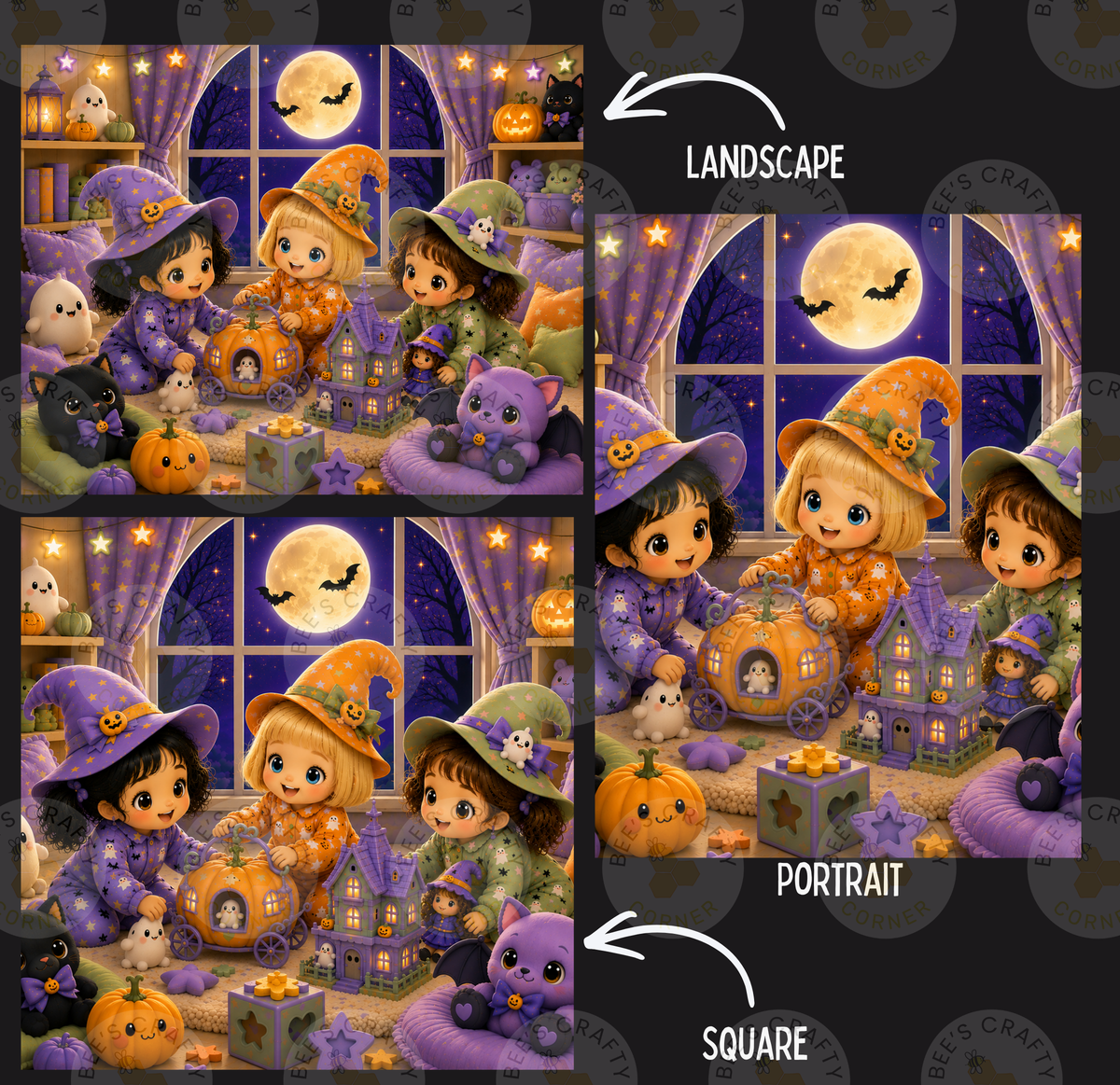 The image is a collage of two pictures, each depicting a group of young girls dressed in witch hats and costumes, surrounded by Halloween-themed elements such as pumpkins, bats, and a full moon. The collage is labeled as a landscape and a portrait, with the landscape and portrait images being compared side by side.