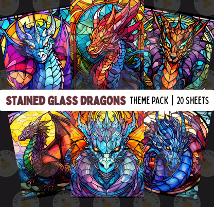 The image is a collage of colorful stained glass dragon illustrations, featuring various shades of blue, purple, orange, and red.