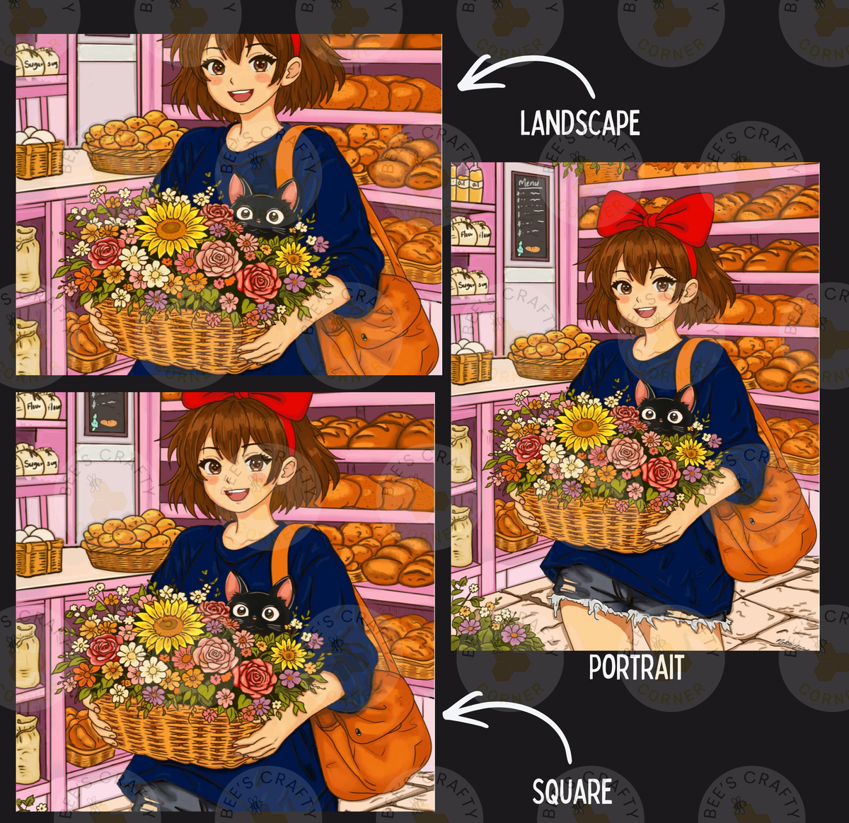 The image is a collage of three pictures depicting a young girl holding a basket of flowers, with a cat on her shoulder. The girl is wearing a blue dress and a red bow in her hair. The collage is labeled as a "LANDscape" and a "Portrait" and includes a " SQUARE" caption.