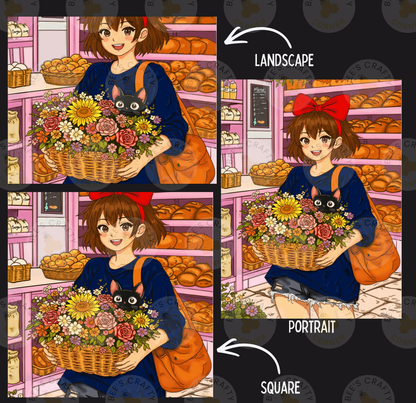 The image is a collage of three pictures depicting a young girl holding a basket of flowers, with a cat on her shoulder. The girl is wearing a blue dress and a red bow in her hair. The collage is labeled as a "LANDscape" and a "Portrait" and includes a " SQUARE" caption.