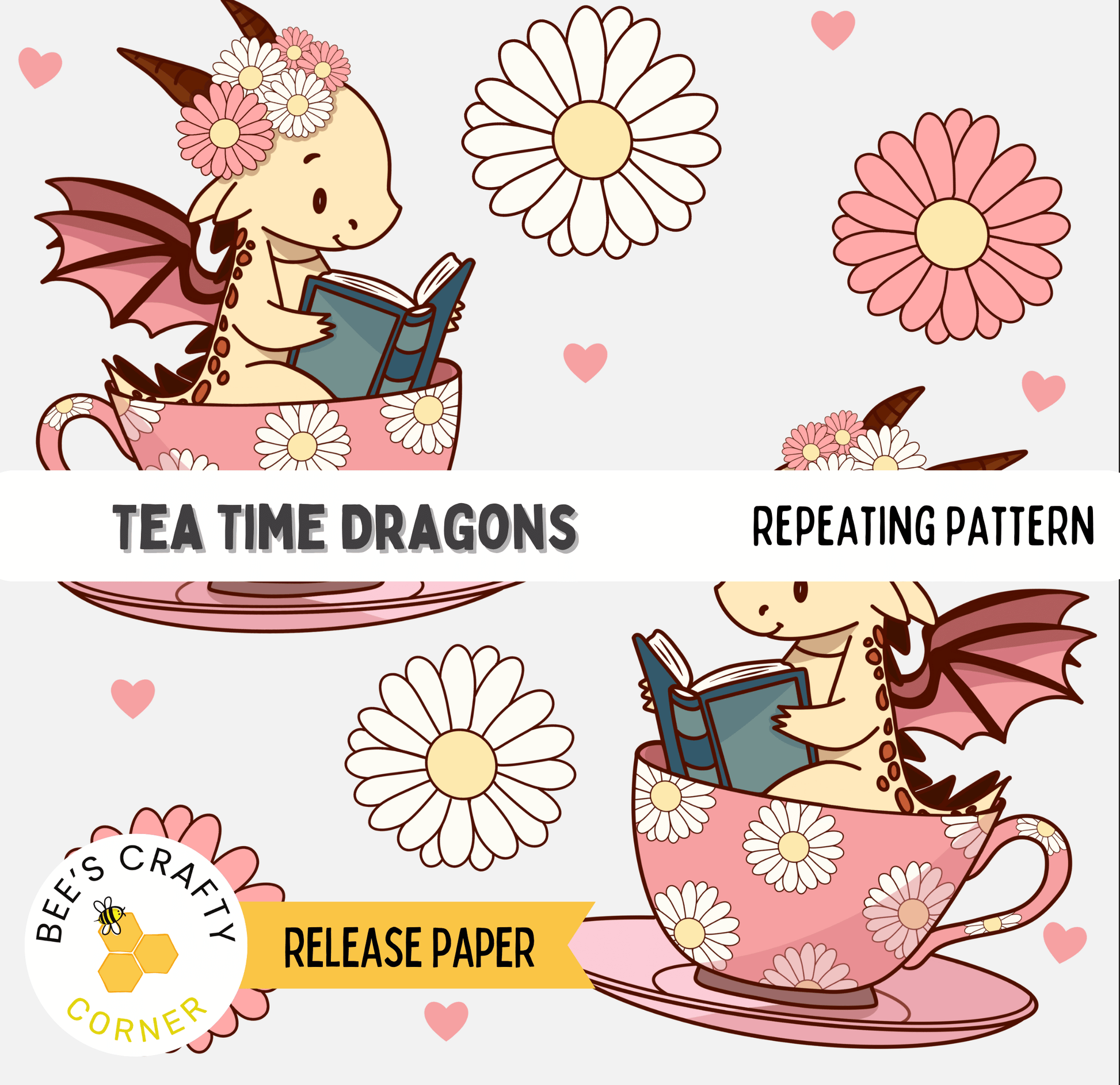 The image is a repeating pattern of cartoon dragons sitting in teacups with flowers on them, reading books.