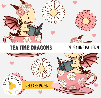 The image is a repeating pattern of cartoon dragons sitting in teacups with flowers on them, reading books.