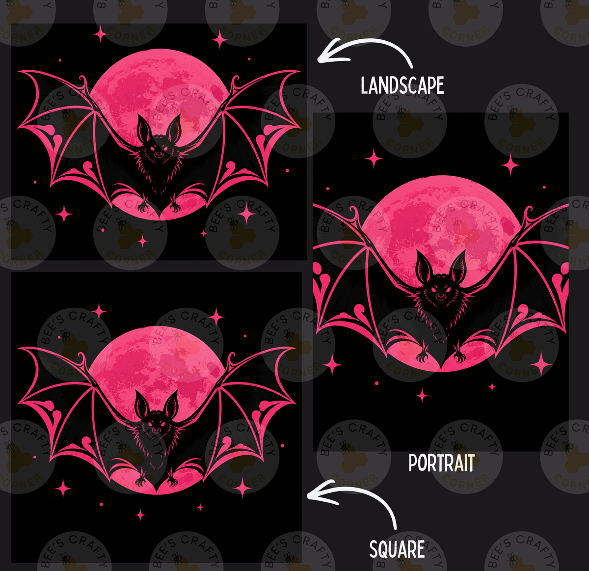 The image is a collage of three images featuring a bat against a large, bright pink moon. The bat is depicted in different poses, such as sitting, flying, and perched on the moon. The images are labeled "LANDscape", "PORTRAIT", and "SQUARE", indicating the different artistic styles or perspectives used in the collage.